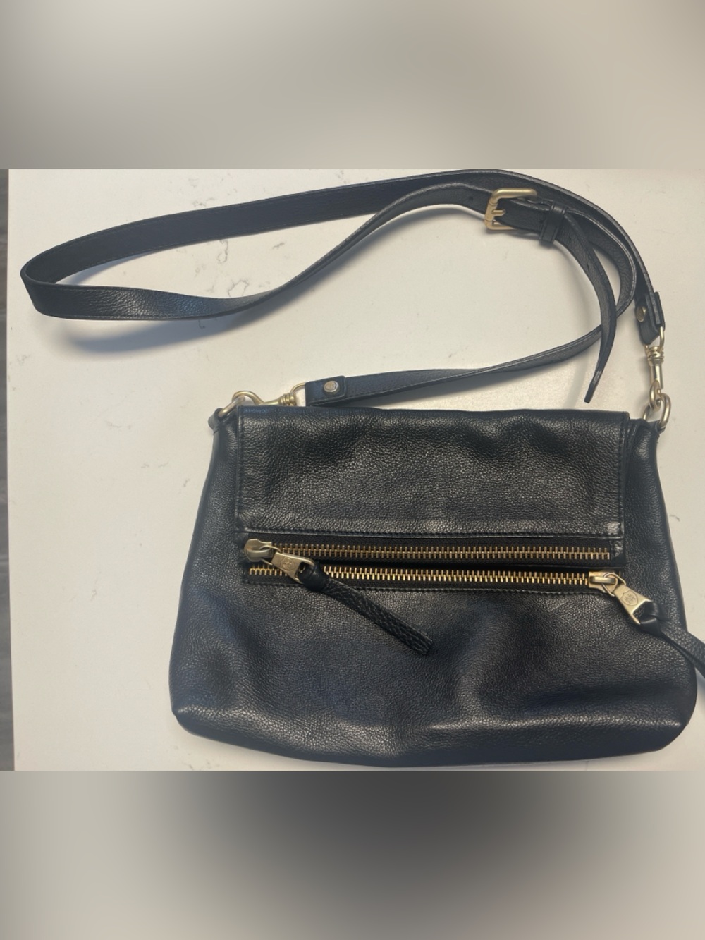 Massimo Dutti Black Leather Crossbody with Gold Hardware
